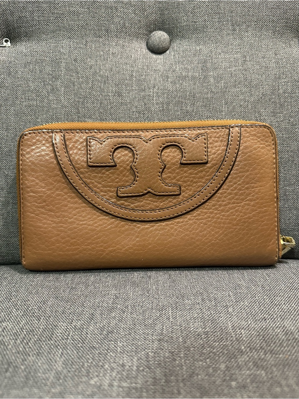 Tory Burch Brown Pebbled Leather Zip Wallet with Logo